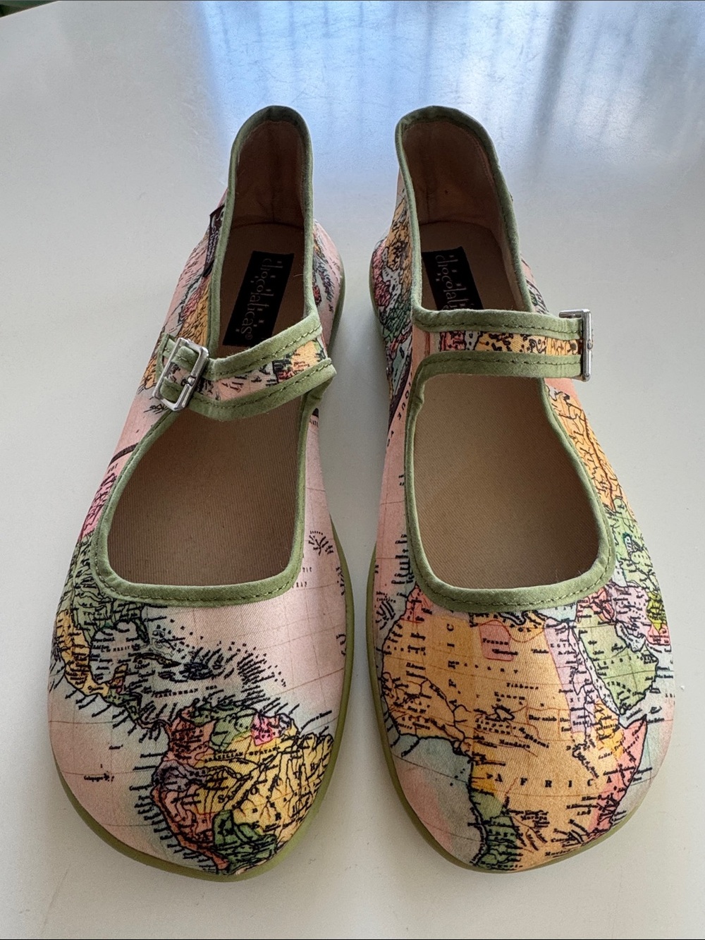 Chocolaticas. Map Print Mary Jane Flats in Pastel Pink and Green- size 37